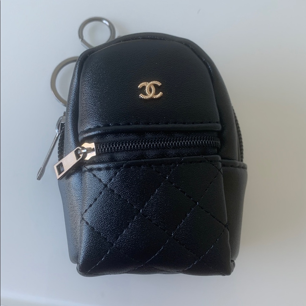 CHANEL Black Quilted Mini Backpack Keychain Charm & Gucci Box with Dust Bag